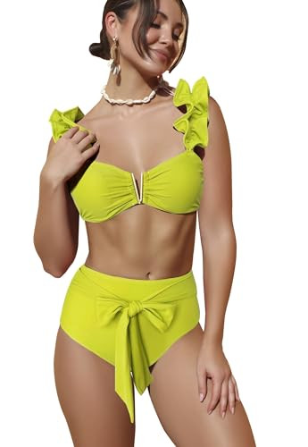 SPORLIKE Women High Waisted Swimsuit Flounce Straps Bikini Bathing Suit | Amazon (US)