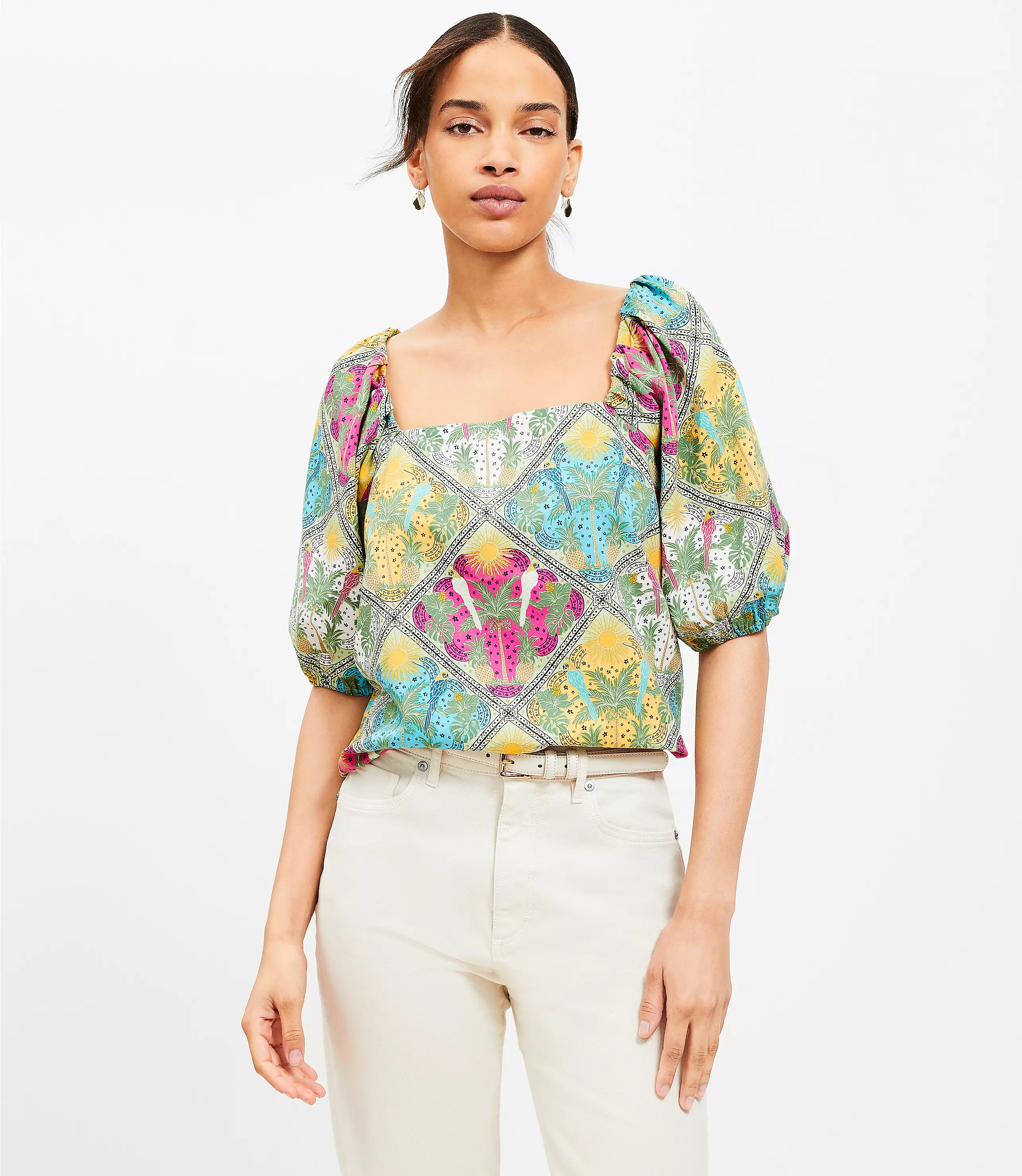 Palm Bubble Sleeve Square Neck Blouse | LOFT