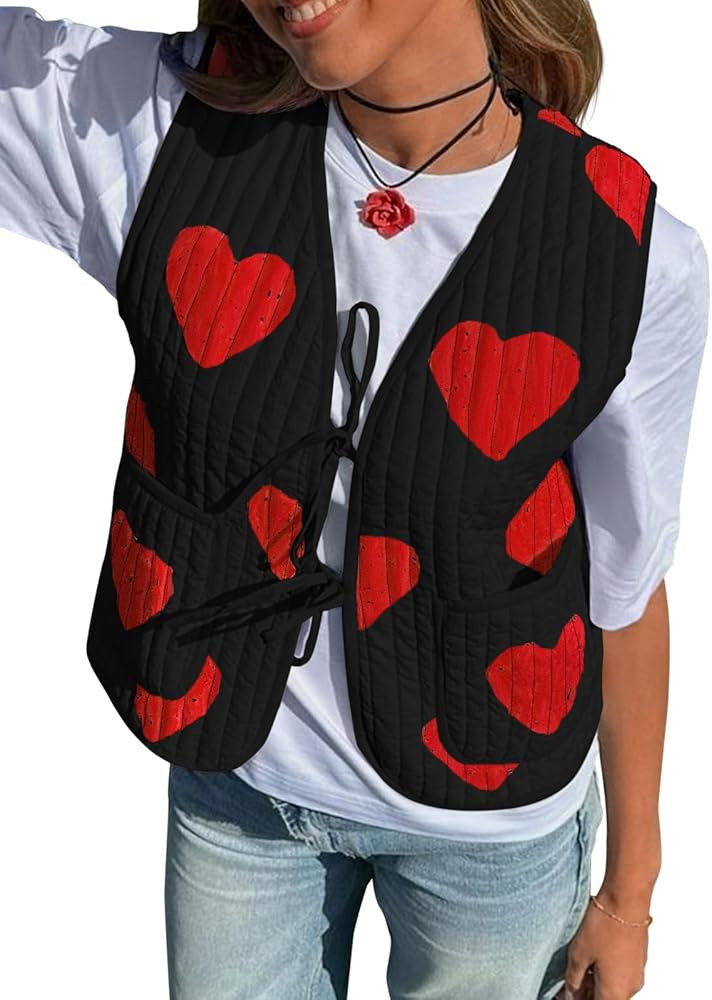 Tankaneo Womens Tie Front Quilted Vest Valentine Cropped Heart Print Sleeveless Jacket Reversible... | Amazon (US)