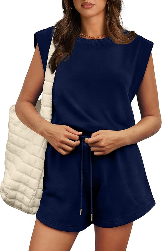 OFEEFAN Rompers for Women Summer Cap Sleeve Adjustable Drawstring Waistband Crewneck Casual Outfi... | Amazon (US)