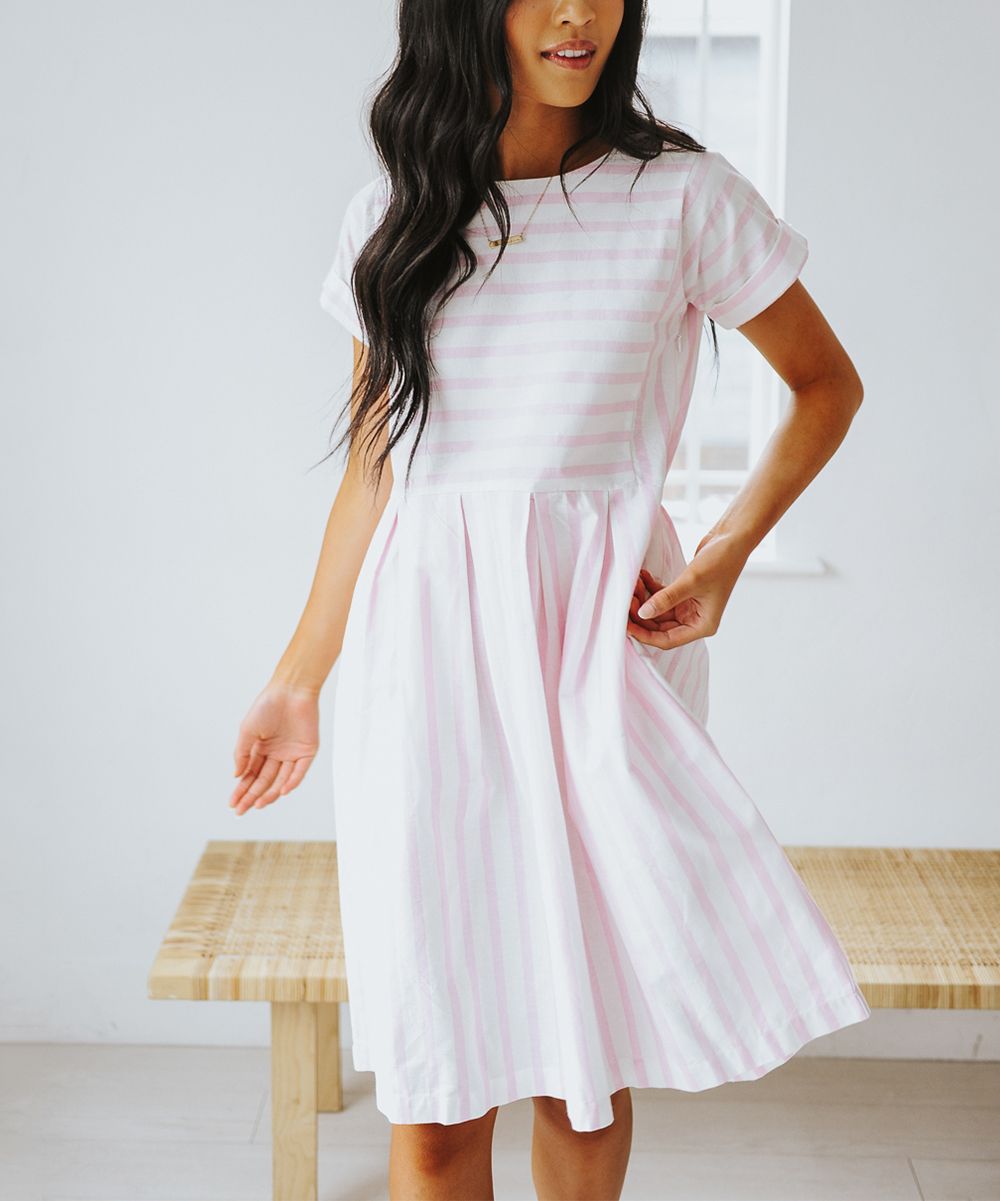 Journey Five Women's Casual Dresses PINK - Pink & White Stripe Chambray Fit & Flare Dress - Women | Zulily