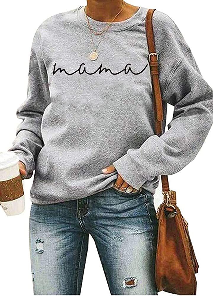 Women Lightweight Sweatshirt Tshirt Mama Letter Print Long Sleeve Casual Crewneck Pullover Tops | Amazon (US)