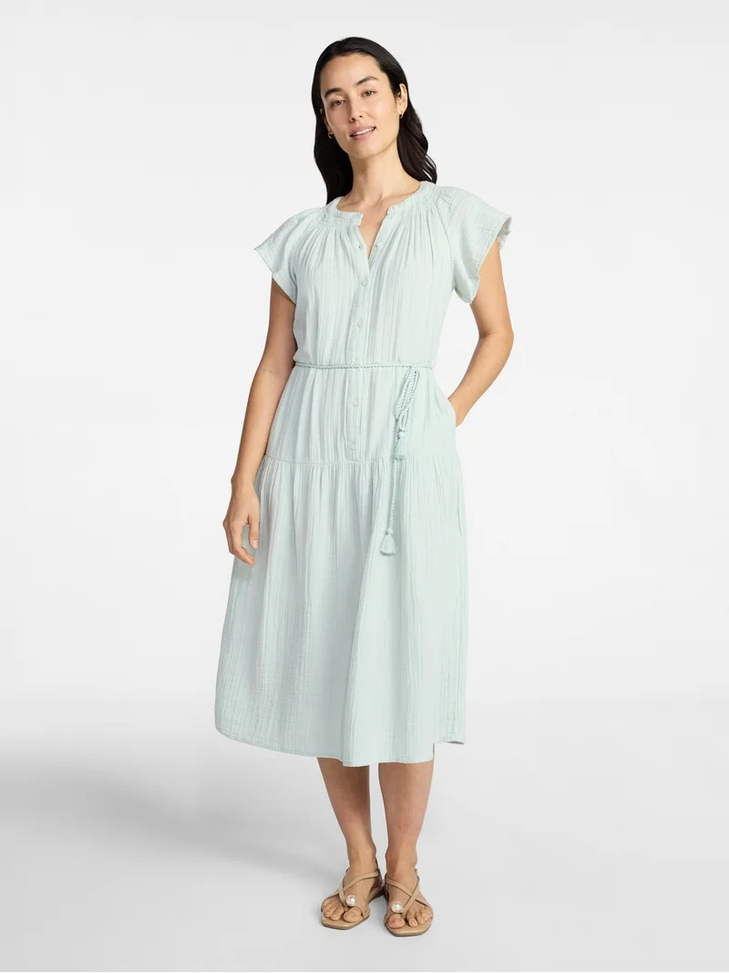 Time and Tru Women's Cotton Double Cloth Midi Dress with Short Flutter Sleeves, Sizes XS-XXXL | Walmart (US)