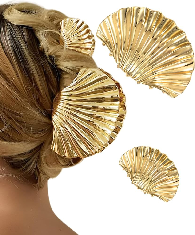 HAIMEIKANG 2 PCs Metal Gold Shell Hair Claw Clips for Women - Fashion Seashell Hair Clips for Mos... | Amazon (US)