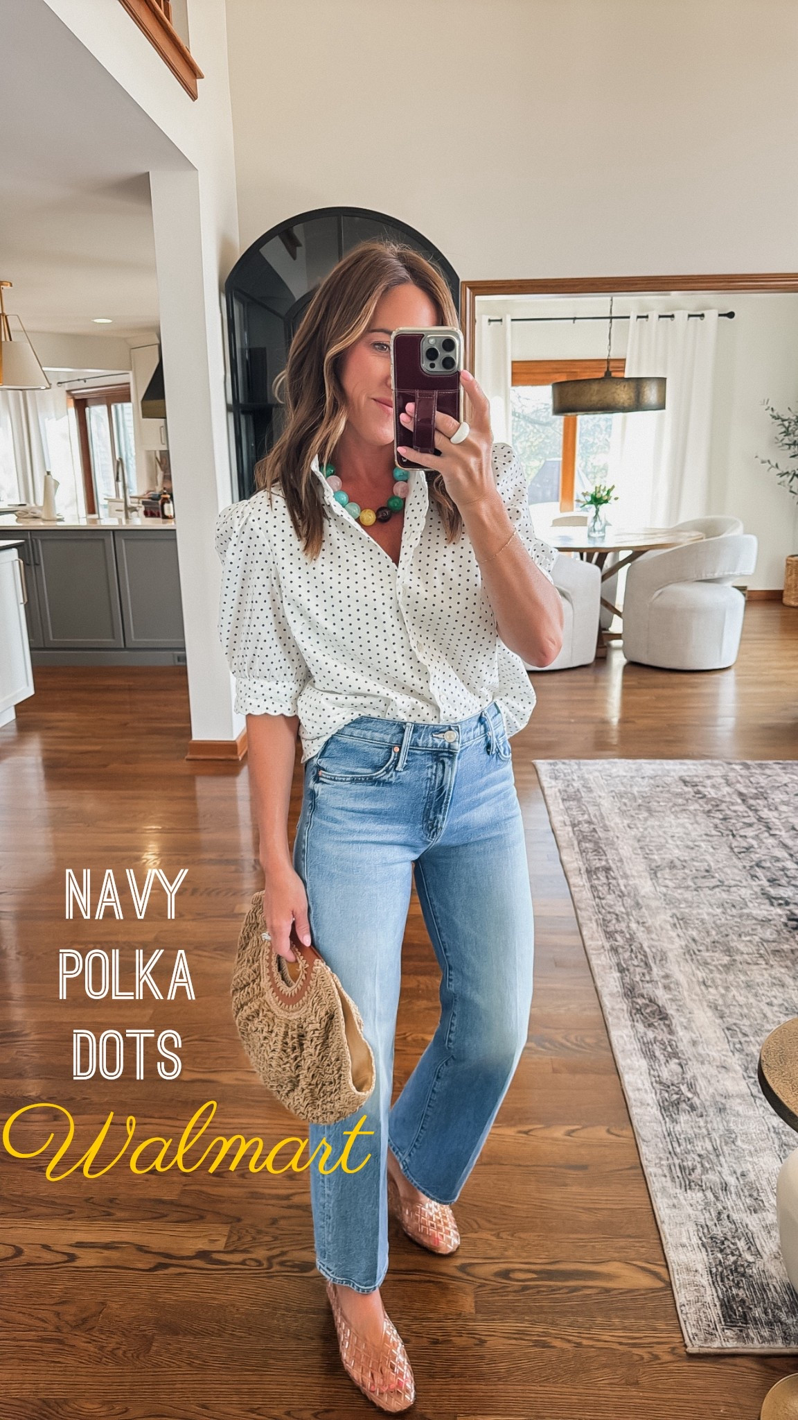 A pretty blouse with navy polka dots. Scallop trim. 
XS. 
Jeans tts, 25 regular 
Exact necklace color: multi in the large size 

#LTKSeasonal #LTKOver40