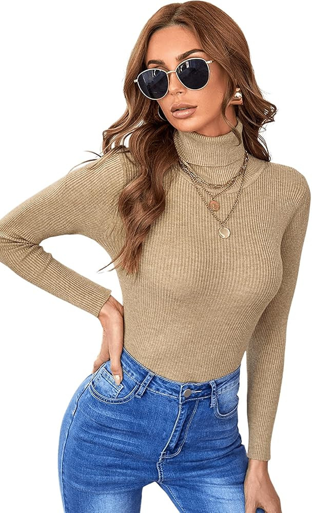SweatyRocks Women's Long Sleeve Turtleneck Ribbed Knit Pullover Sweater Top | Amazon (US)