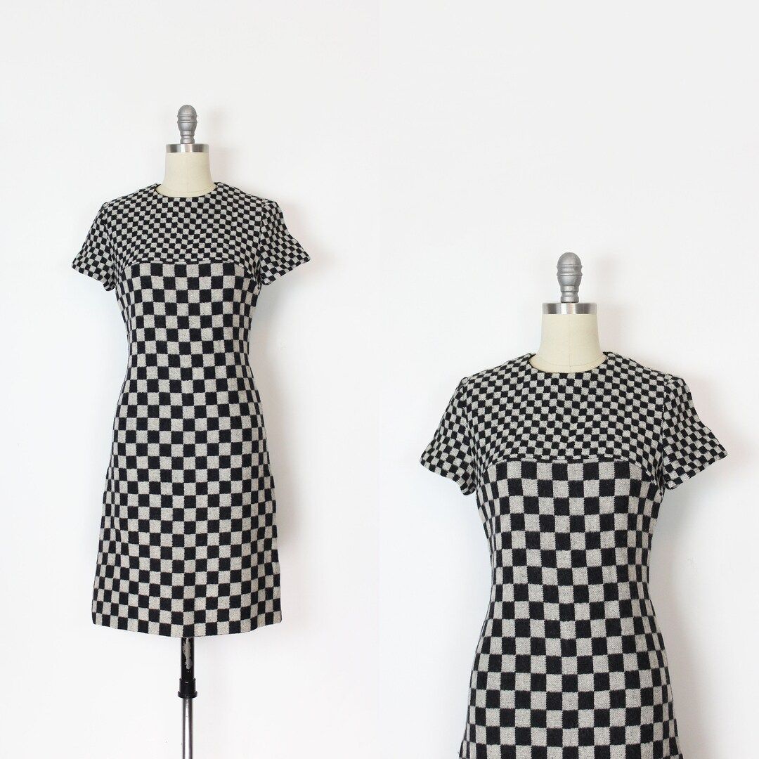 Vintage 60s Mod Dress / 1960s Mod Knit Dress / Checkered Knit - Etsy | Etsy (US)