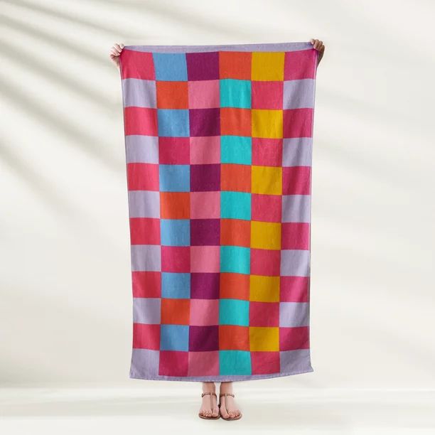Mainstays Velour Beach Towel, Checker Warm, Multi-Color, 28x60 | Walmart (US)