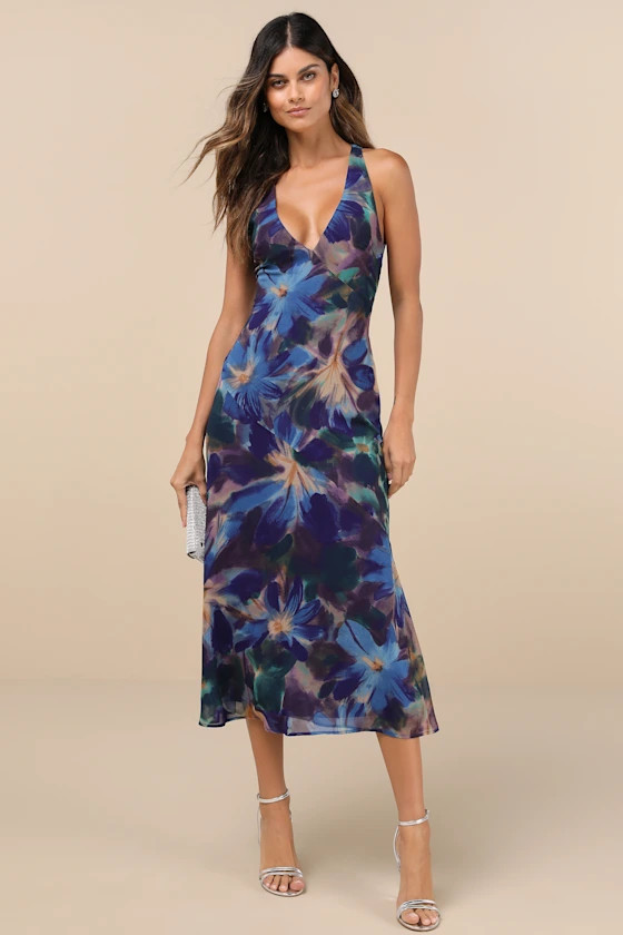Delight in Elegance Blue Multi Floral Halter Cutout Midi Dress | Lulus