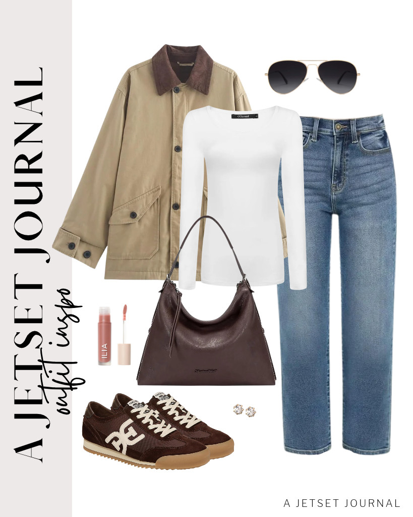 This khaki corduroy collar barn jacket worn over this white long-sleeve top from OThread & Co. also pairs well with these KDF cropped straight-leg jeans. This combo is perfect with Sam Edelman Ivey sneakers and a coffee Montana West shoulder bag. You can complete the look with this pair of stud earrings and ILIA - Overglaze Hydrating Lip Gloss. 

 #LTKSeasonal #LTKSaleAlert #LTKTravel