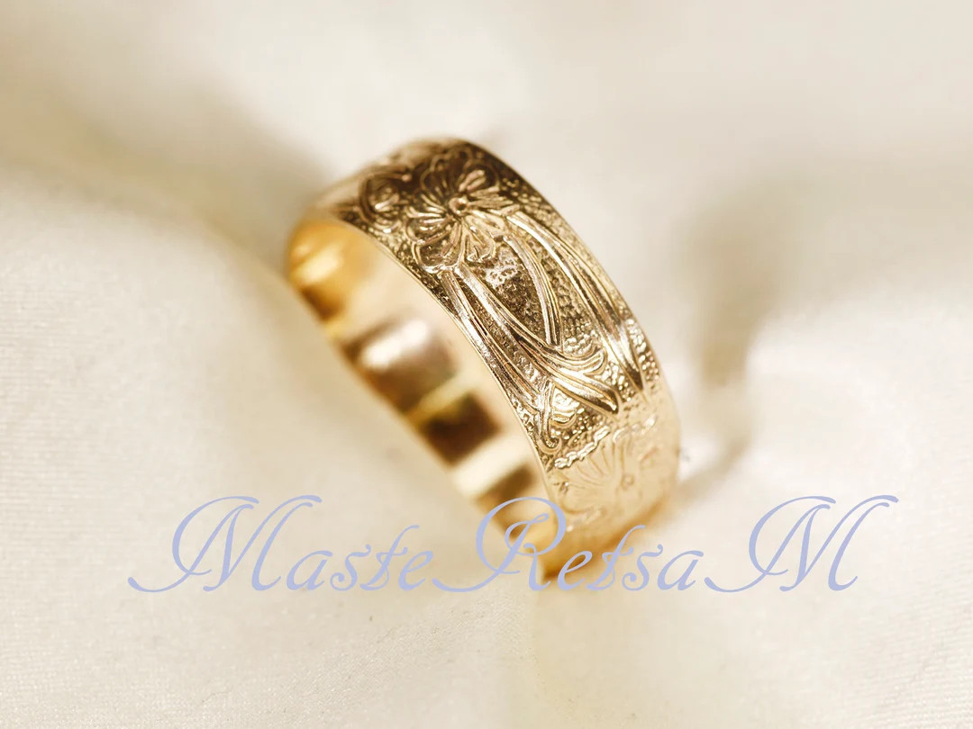 7807-14k Gold Filled Floral Pattern Ring - Wide Sterling Silver Band- Statement Band | Etsy (US)