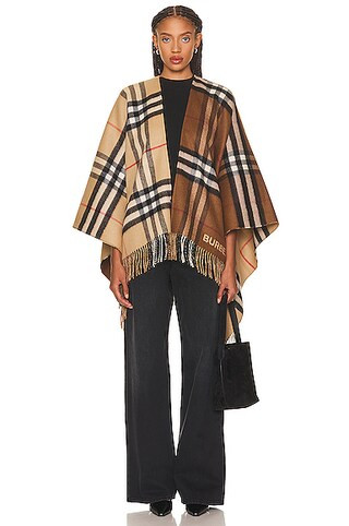 Burberry Giant Check Central Split Cape in Archive Beige & Dark Brown | FWRD | FWRD 