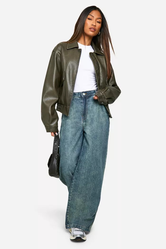 Vintage Look Faux Leather Bomber Jacket | boohoo (US & Canada)