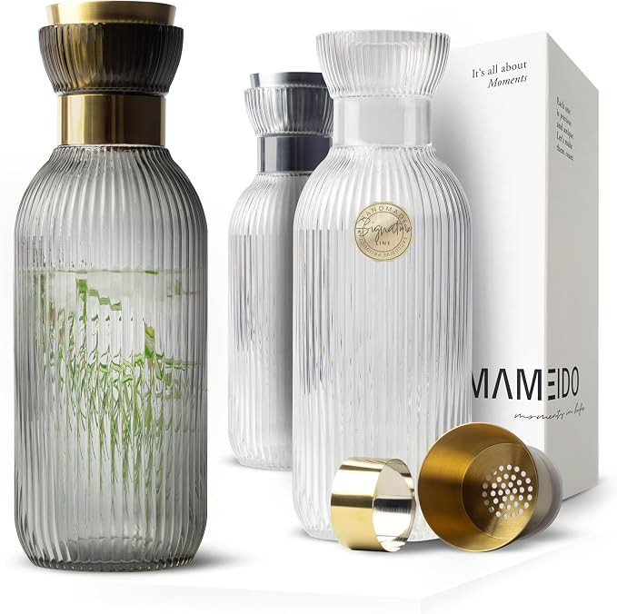 MAMEIDO Wasserkaraffe 1,5 l, Glaskaraffe mit Ausgießer & Sieb, mundgeblasene Karaffe Glas, Wasse... | Amazon (DE)