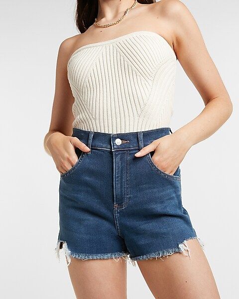 Super High Waisted Knit Raw Hem Mom Jean Shorts | Express