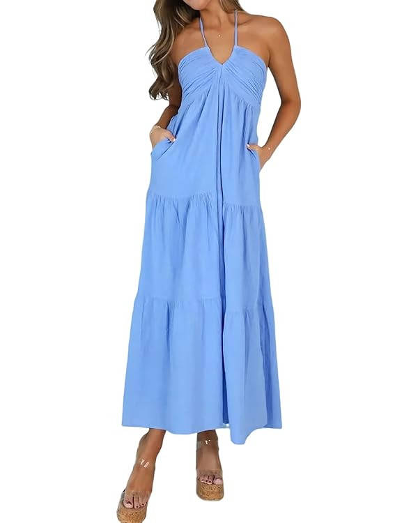 Women's Casual Halter Tiered Vacation Maxi Dress with Pockets | Amazon (US)