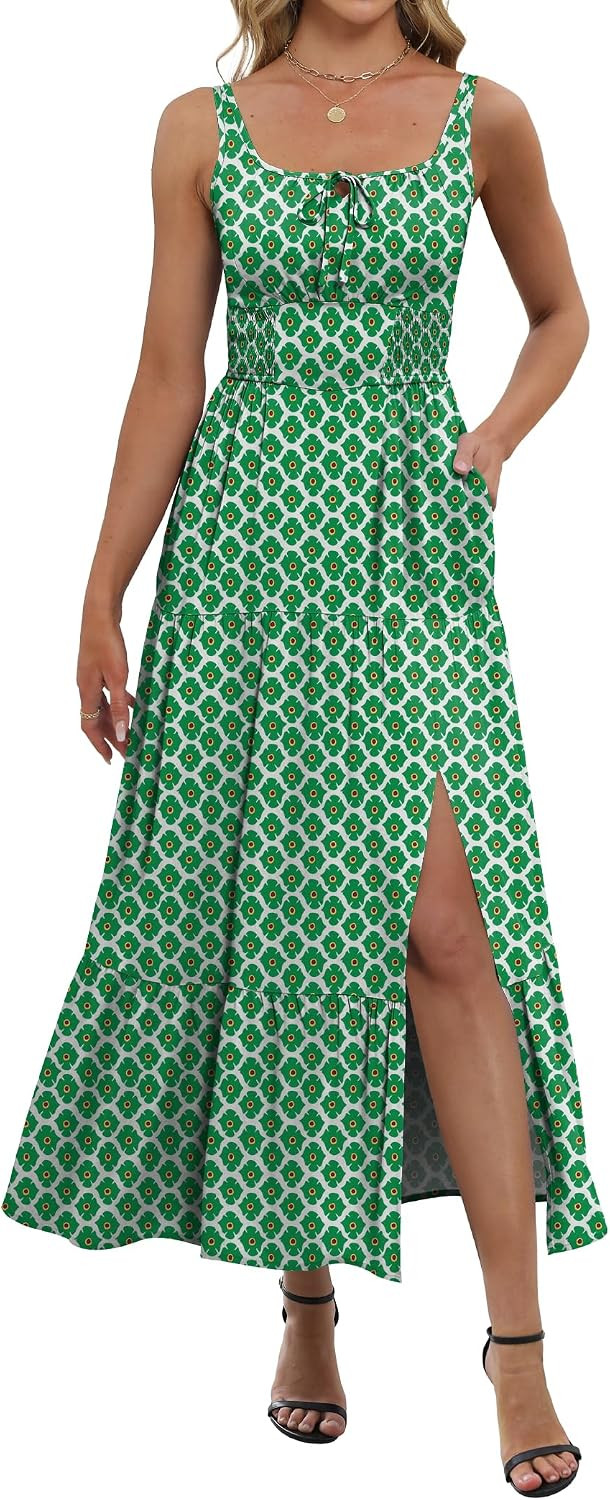ANRABESS Women Summer Casual Floral Printed Square Neck Sleeveless Straps Elastic Waist Slit Beach Vacation Maxi Dress | Amazon (US)