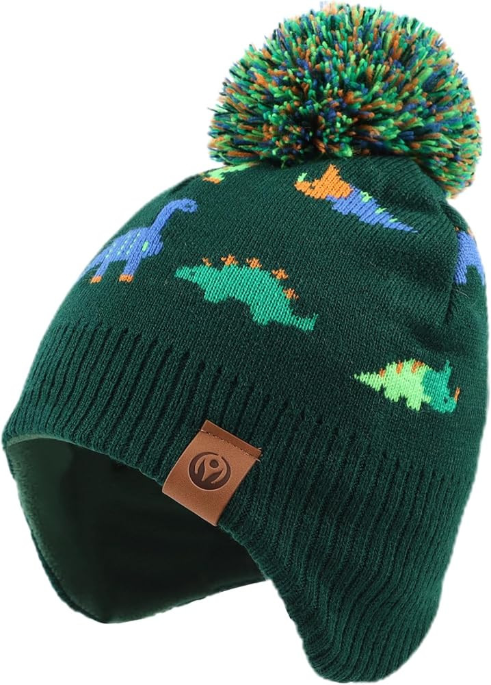 Zsedrut Baby Winter Hat & Scarf Set Kids Dinosaur Fleece Lining Warm Earflap Beanie with Pompom | Amazon (CA)