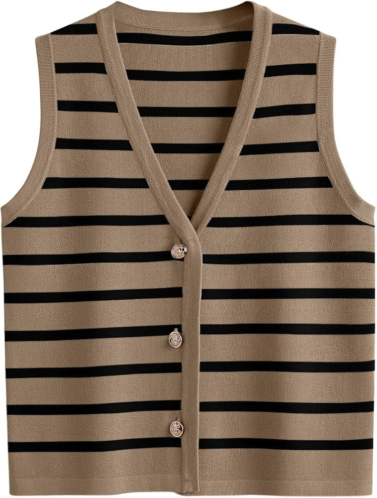 LILLUSORY Vest Tops for Women Striped Sweater Vest 2024 Fall Crochet Cropped Button Up Work Tank ... | Amazon (US)