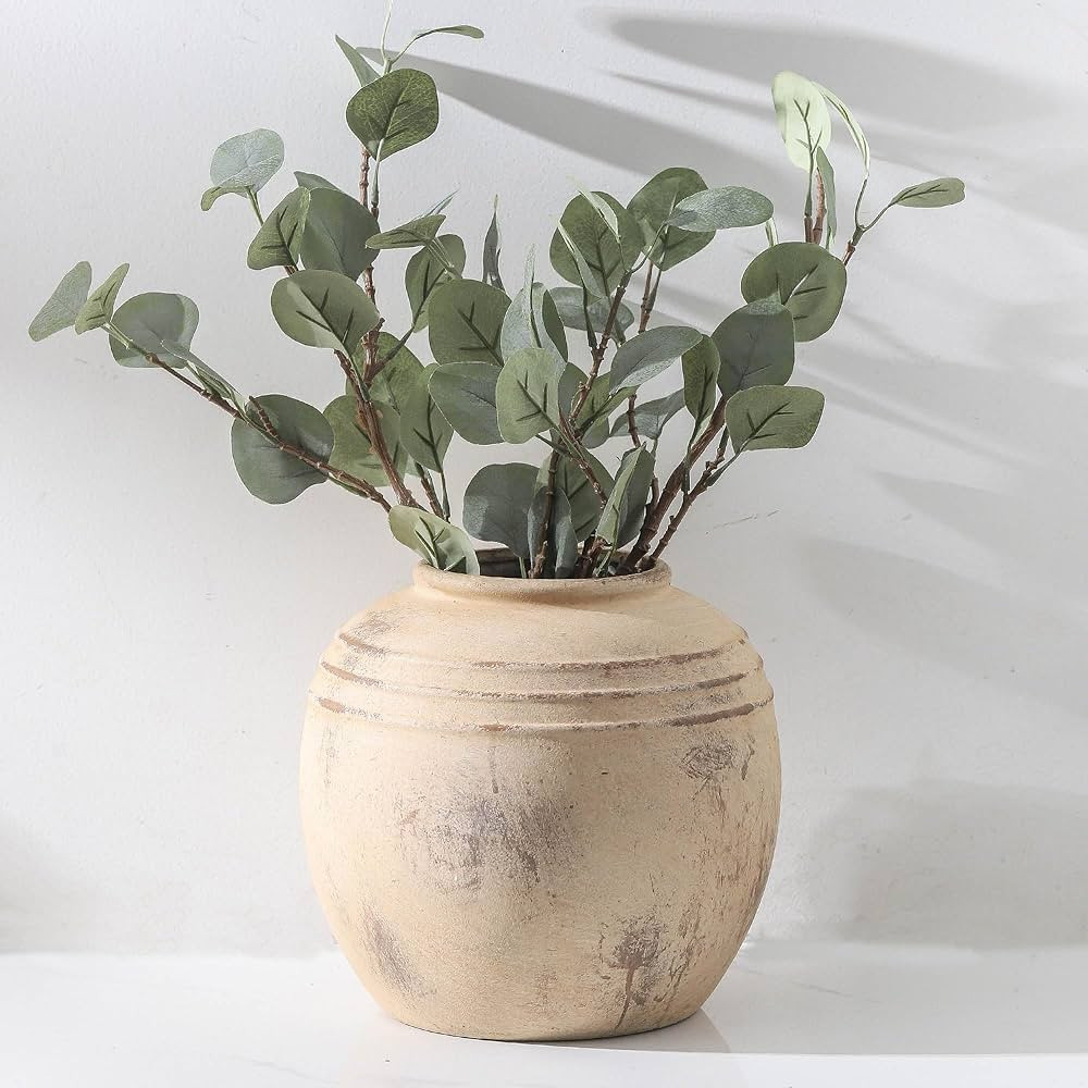Florero de cerámica, jarrón decorativo rústico redondo de 8.66 pulgadas de alto para decoraci... | Amazon (US)