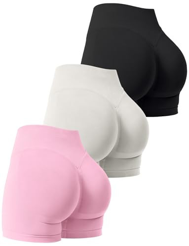 Niipty 3 Pack Workout Gym Shorts Women Scrunch Butt Lifting Seamless High Waist Yoga Booty Shorts for Women - Black+Grey+Pink M | Amazon (US)