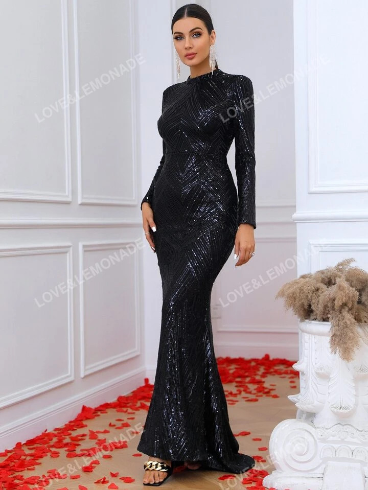 LOVE&LEMONADE Mermaid Hem Sequin Formal Gown Black Elegant Long Sleeve Prom Evening Wedding Guest... | SHEIN