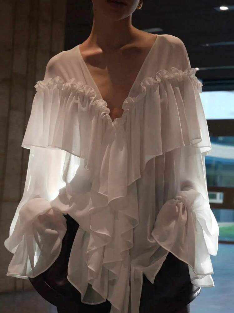 Chiffon Blouses For Women Long Sleeve Shirts Boho Beach Blouse Solid Color Ruffles V-Neck Loose Casual Top Flowy Coquette Top Spring Streetwear Shopping Party Commute Office Dating Wear | SHEIN