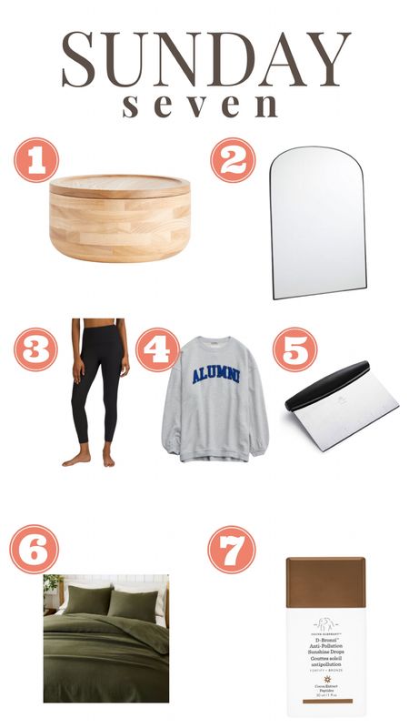 Here are seven things I’ve been loving lately! 
1. This big salad bowl with a LID!
2. This mirror.
3. These Lulu leggings. I get a size 28!
4. This crewneck! I got the large.
5. This kitchen scraper! 
6. This bedroom sham set. 
7. Sometimes I’ll mix a little of this with my lotion for a little extra color! 