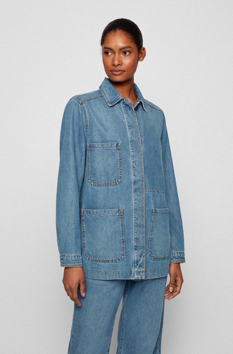 Long-length relaxed-fit jacket in blue comfort-stretch denim | Hugo Boss (US)