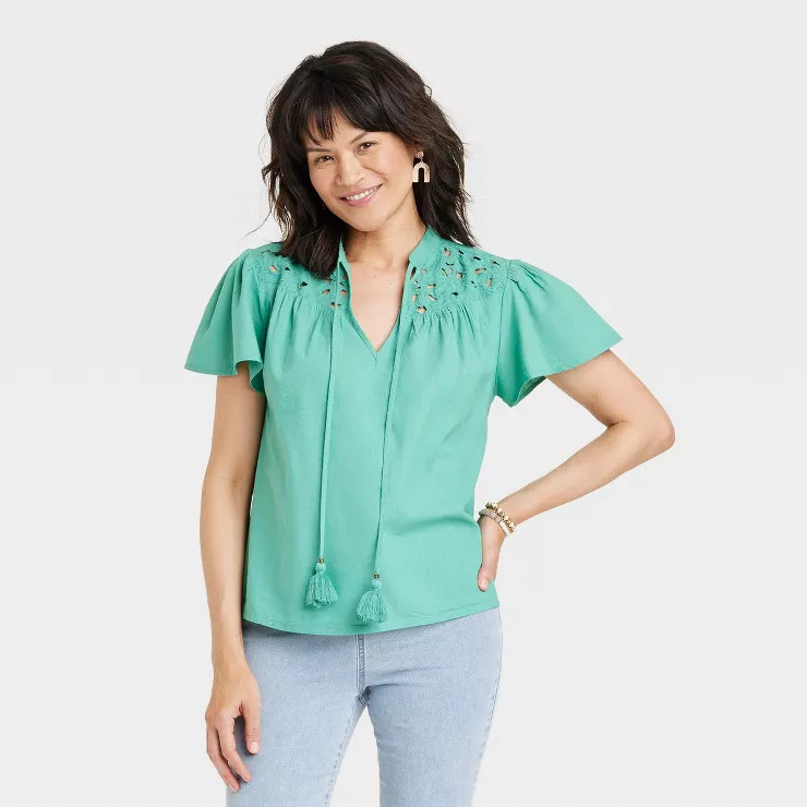 Women's Short Sleeve V-Neck Woven Eyelet Top - Knox Rose™ | Target