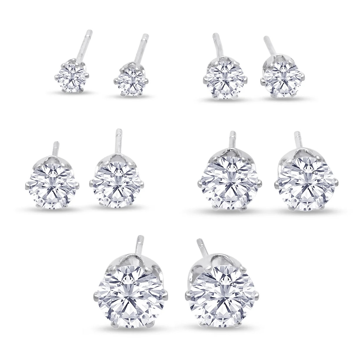 SuperJeweler 5 Pairs Stud Earrings Set, Hypoallergenic Cubic Zirconia Earrings Silver Cubic Zirco... | Walmart (US)