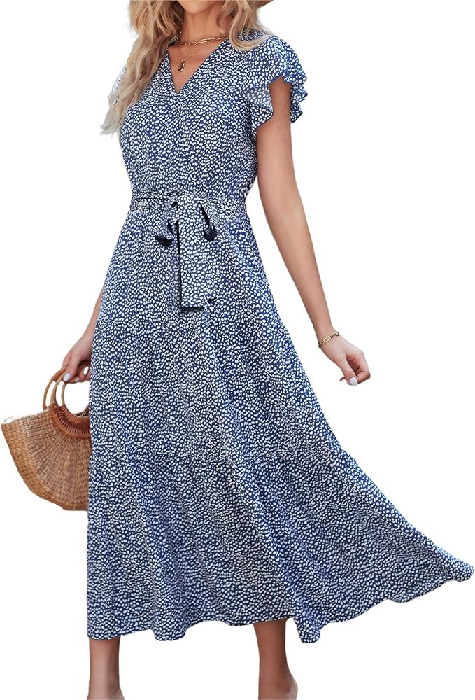 PRETTYGARDEN Women's Boho Floral Summer Dress Wrap V Neck Ruffle Short Sleeve A Line Belted Flowy... | Amazon (US)