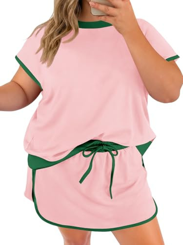 Beautife Womens Plus Size 2 Piece Shorts Set Summer Short Sleeve Color Block Shirts and Skort Casual Matching Sets | Amazon (US)
