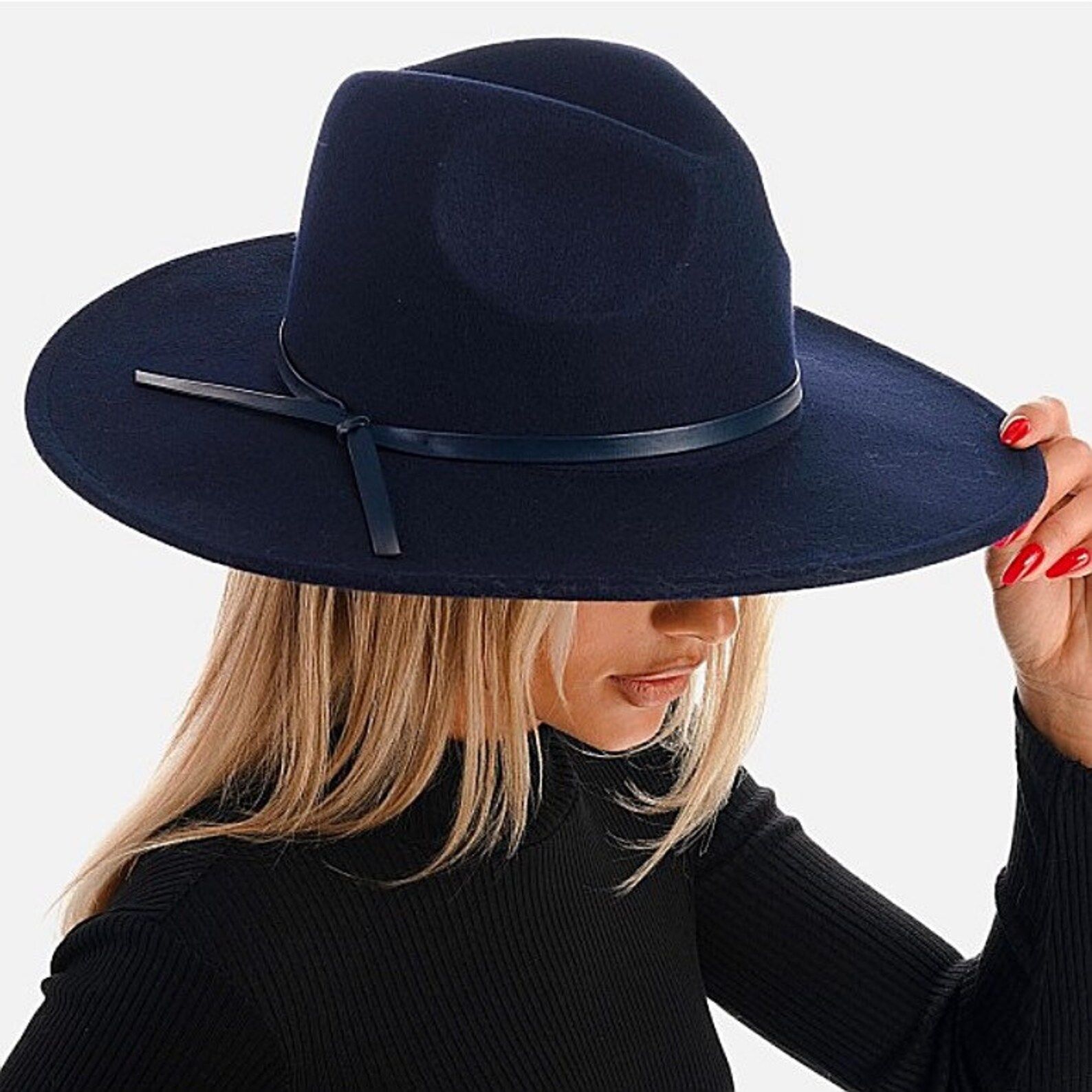 Navy Wide Brim Fedora Hat Wool Blend Hat Panama Flat Stiff | Etsy | Etsy (US)