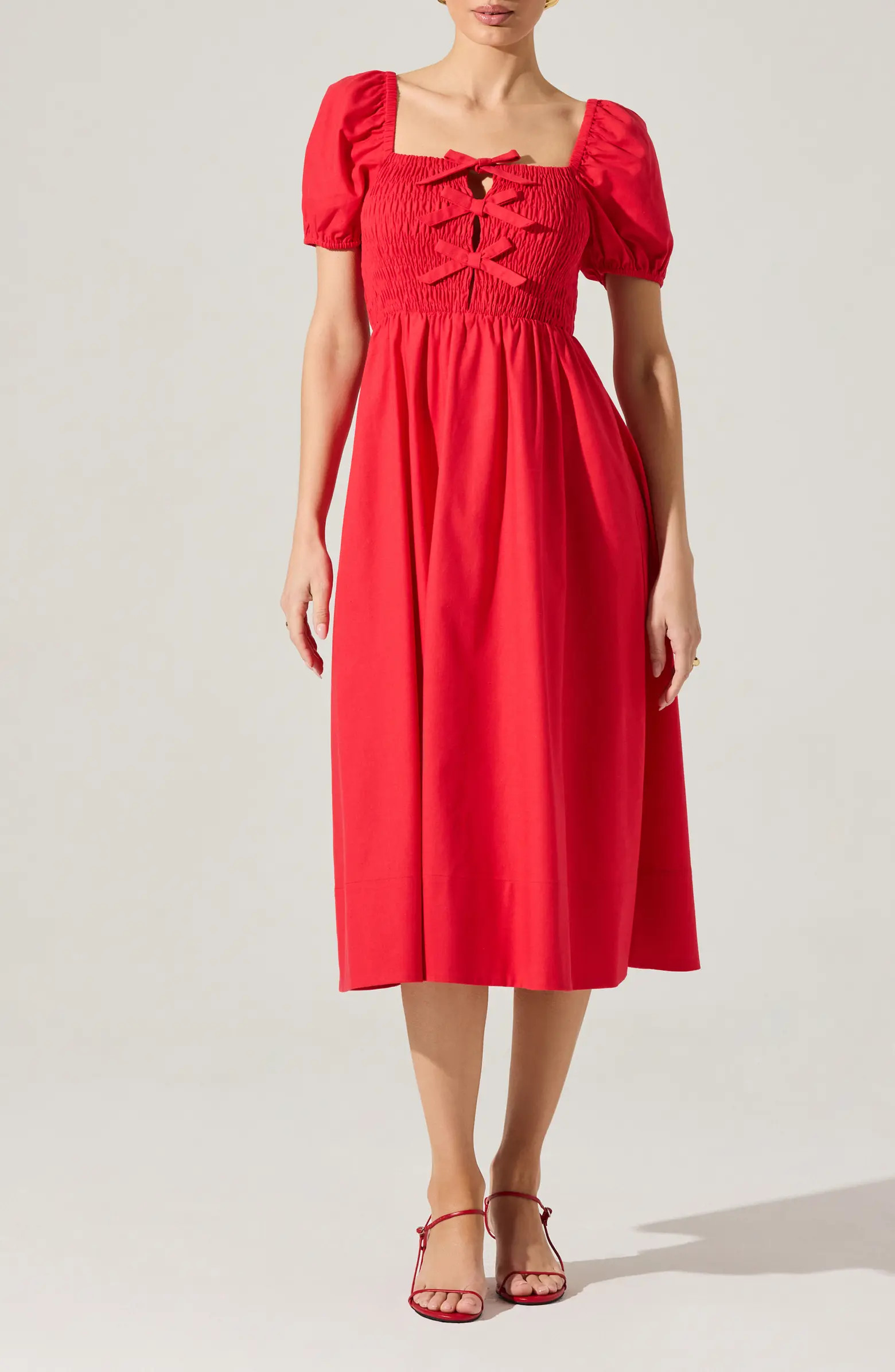 ASTR the Label Bow Detail Smock Bodice Cotton Blend Dress | Nordstrom | Nordstrom