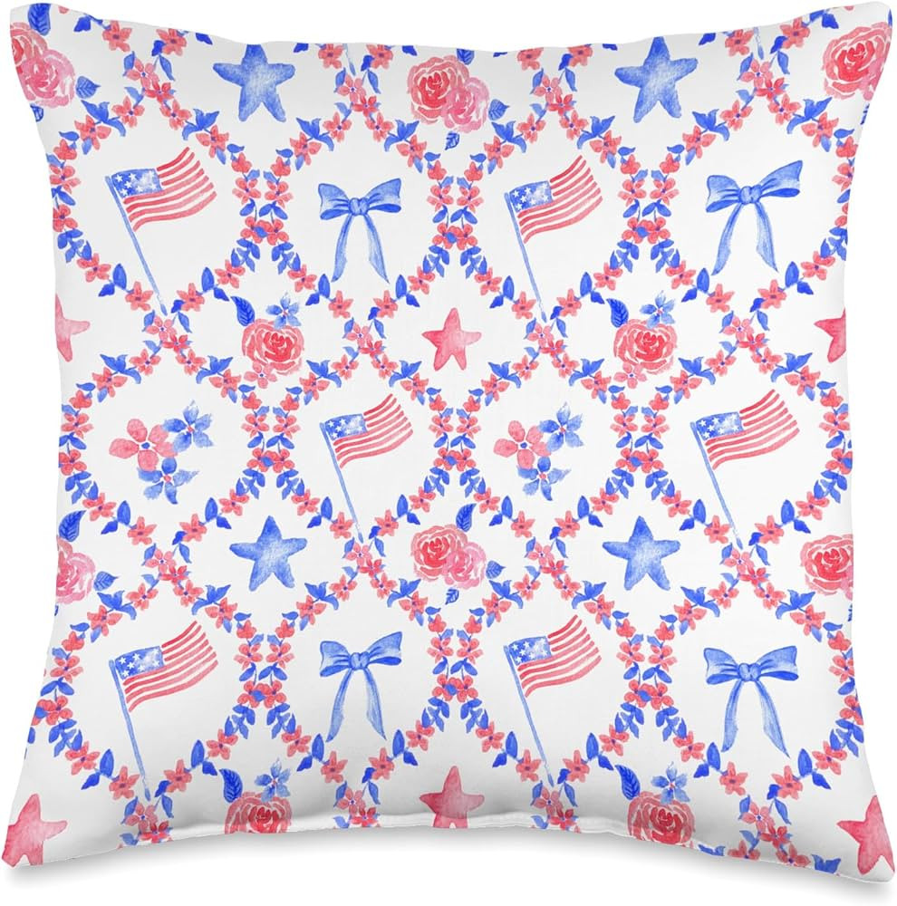 Patriotic Grandmillennial Coquette Bows 4th of July USA Flag Throw Pillow | Amazon (US)