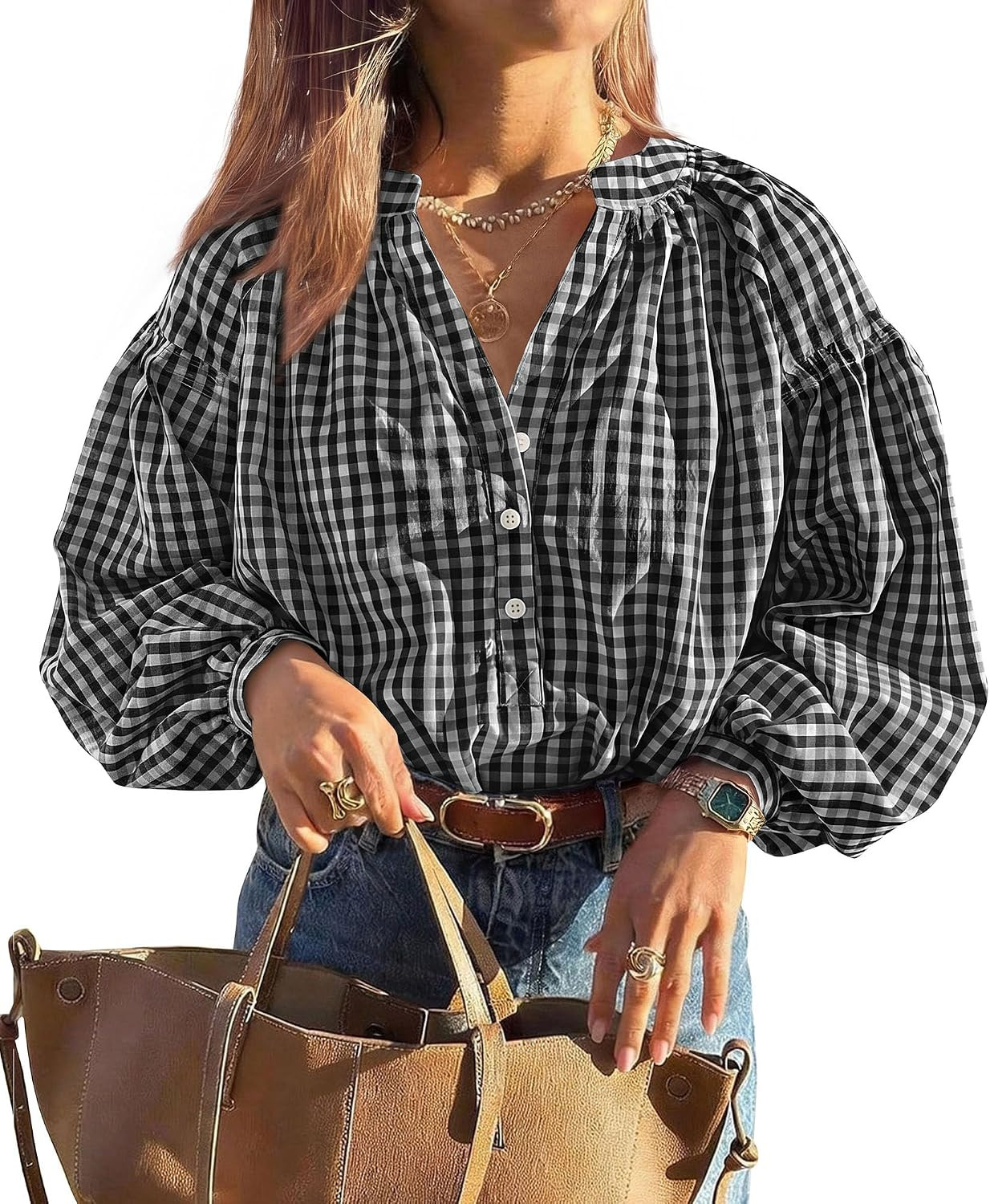 PRETTYGARDEN Women Fall Plaid Long Puff Sleeve Shirts V Neck Casual Blouses | Amazon (US)