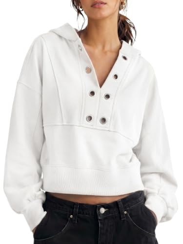 Fisoew Womens Cropped Hoodies V Neck Oversized Sweatshirts Pullover Tops | Amazon (US)