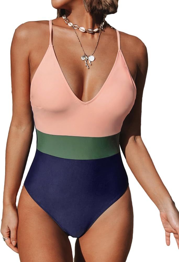 CUPSHE One Piece Swimsuit for Women Bathing Suits Deep V Neck Crisscross Back Color Block | Amazon (US)