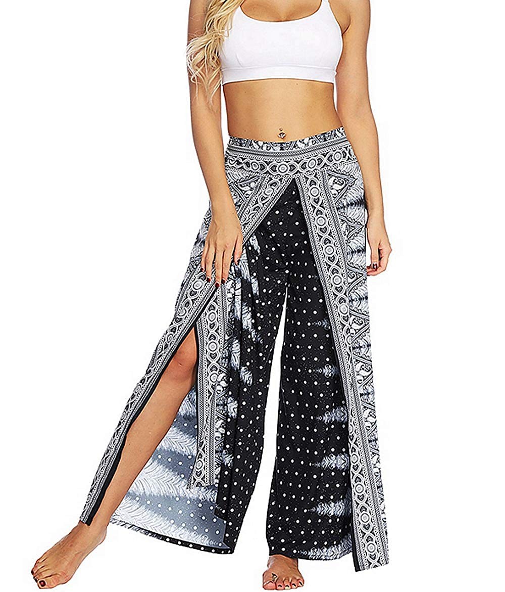 MsAnya Womens Palazzo Slit Wide Leg Pants Summer Casual Beach Boho Hippie Bohemian Pilate Plus Si... | Amazon (US)