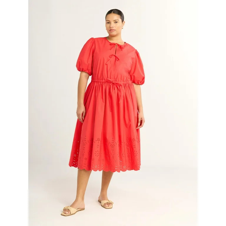 Free Assembly Women's and Women's Plus Tie Front Cotton Eyelet Midi Dress with Short Puff Sleeves... | Walmart (US)