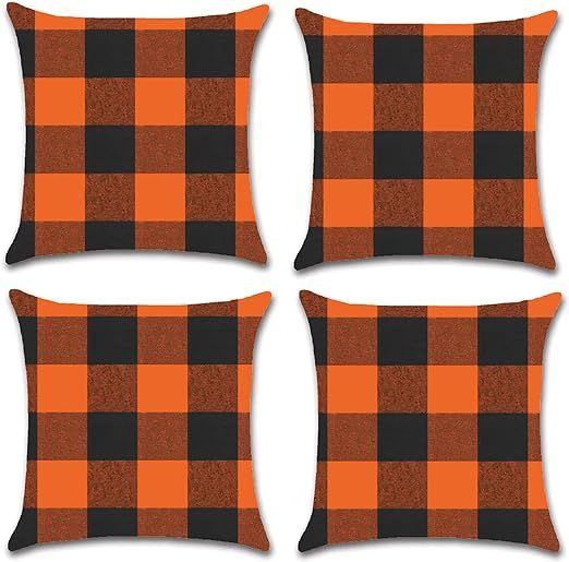 Buffalo Plaid Pillow Covers, Set of 4 Orange and Black Halloween Pillow Covers 18x18 Linen Farmho... | Amazon (US)