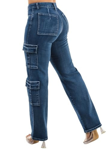 Moda Xpress Womens Juniors Butt Lifting Straight Wide Leg Dark Wash Cargo Jeans 12068W | Amazon (US)