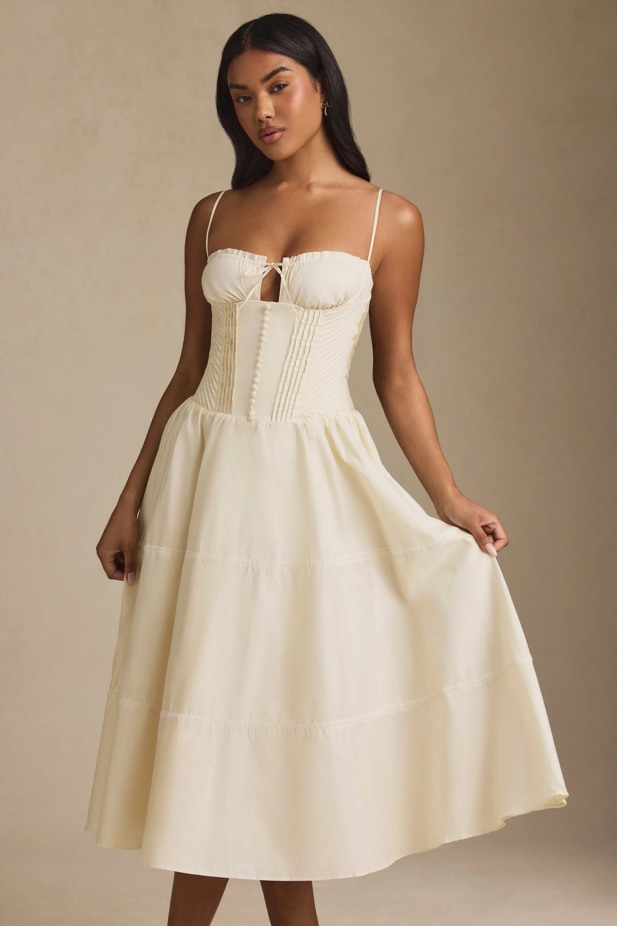 Lace-Trim Pintucked Poplin Midaxi Dress in Ivory | Oh Polly