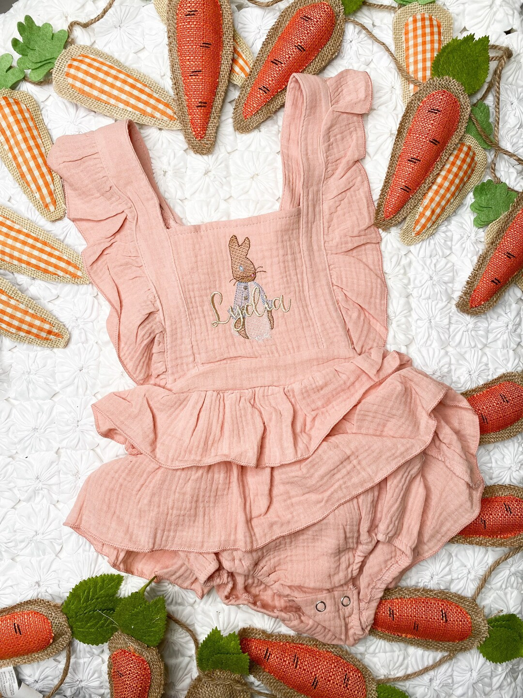 Easter Bunny Baby Girl Ruffle Romper Outfit With Personalized Embroidered Name - Etsy | Etsy (US)