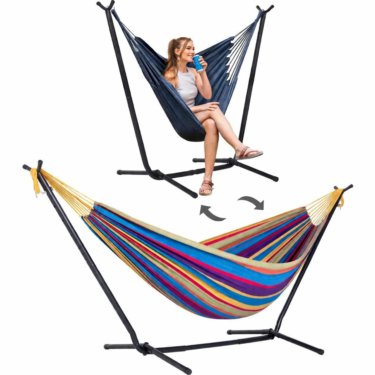 Justincity 2 in 1 Convertible Hammock Set with Adjustable Stand 1 Double Hammock Bed 1 Hammock Chair Poly Cotton Fabric 98 x 59 in Purple Stripe | Lowe's
