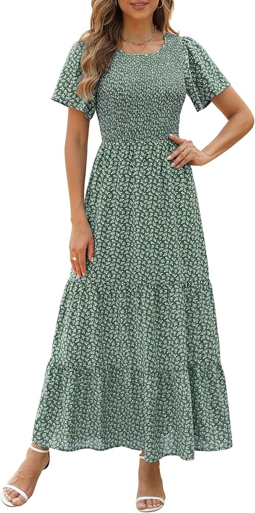 Kranda Women Summer Dress Round Neck Flutter Short Sleeve Smocked Ruffle Tiered Floral Maxi Dress... | Amazon (US)