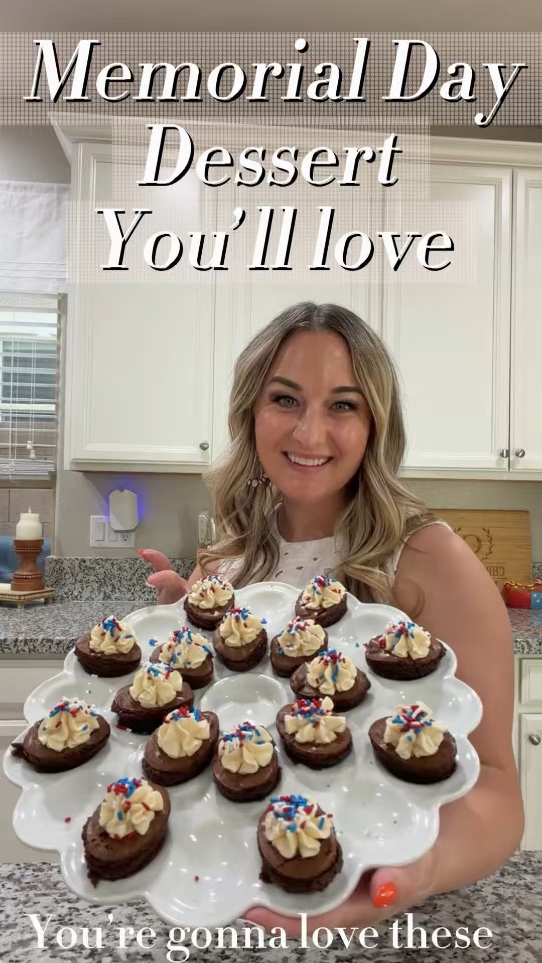 The most delicious, easiest Memorial Day dessert you’ll make! 

Here is everything I used, and it was super simple. 

•One box of brownie mix
•8oz cream cheese 
•Powdered sugar 
•Splash of milk 
•Melon baller (to make impressions in the brownie) 
•Deviled egg tray 
• Patriotic Sprinkles 

Make the brownie mix like normal, pop a cookie scoop size into each mold, bake on 325 for 30 minutes. LET IT COOL COMPLETELY or the brownies won’t come out full. Use a melon baller and make imprints in the brownies for the filling 

8oz cream cheese, powdered sugar to taste, splash of milk and vanilla. Mix it up and put it in a piping bag. Pipe filling into brownies and put on the sprinkles. Easy peasy!!

#LTKmomlife #LTKfoodie