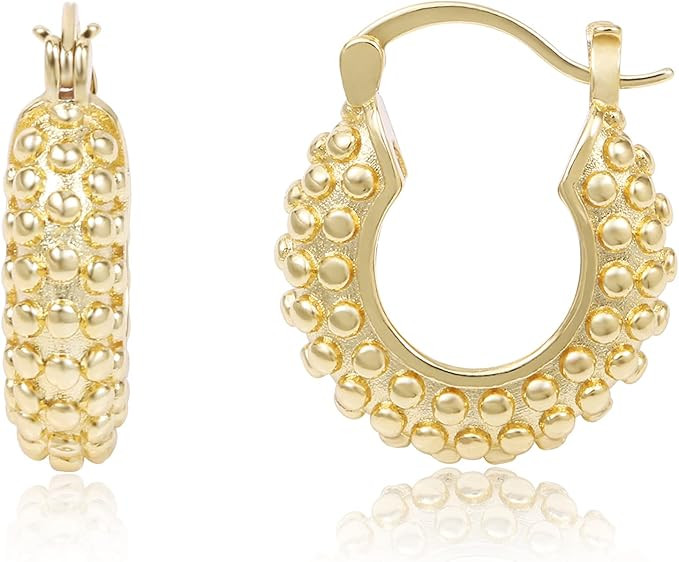 14K Gold Chunky Hoop Earrings | Thick Beaded Earrings for Women Girls | Amazon (US)