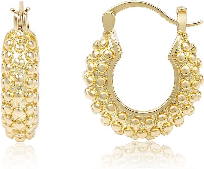 14K Gold Chunky Hoop Earrings | Thick Beaded Earrings for Women Girls | Amazon (US)